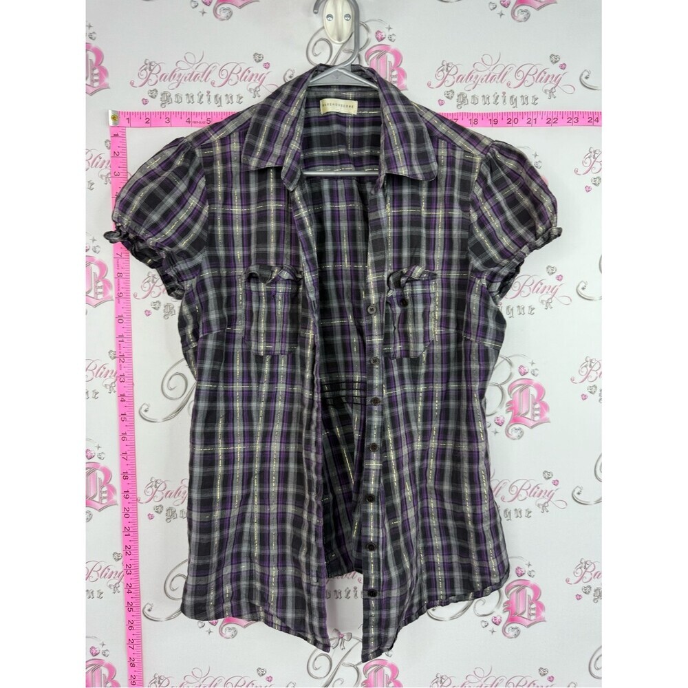 Warehouse One tshirt sparkly gold Purple & Black Plaid Button-Up Shirt